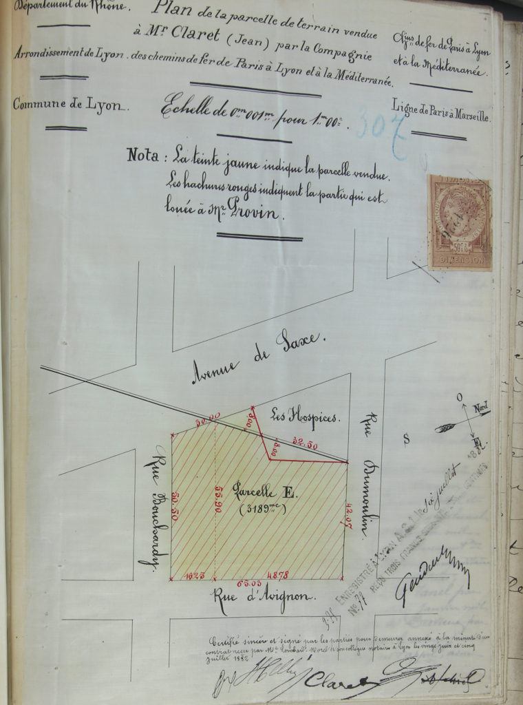 Plan d'un terrain vendu par la Cie du PLM à Claret devant maitre Lombard Morel le 5 juillet 1882- 3 E 24687-ADR