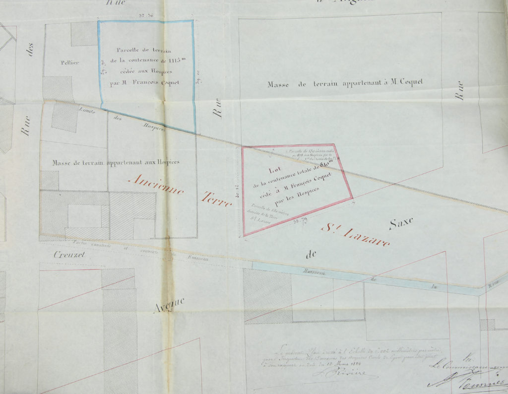 Plan d'un terrain situé à l'angle de la rue Dumoulin et de l'Av de Saxe vendu par les Hospices civils à Coquet le 30 sept 1884 par devant maitre Muguet -3e 17294 -ADR